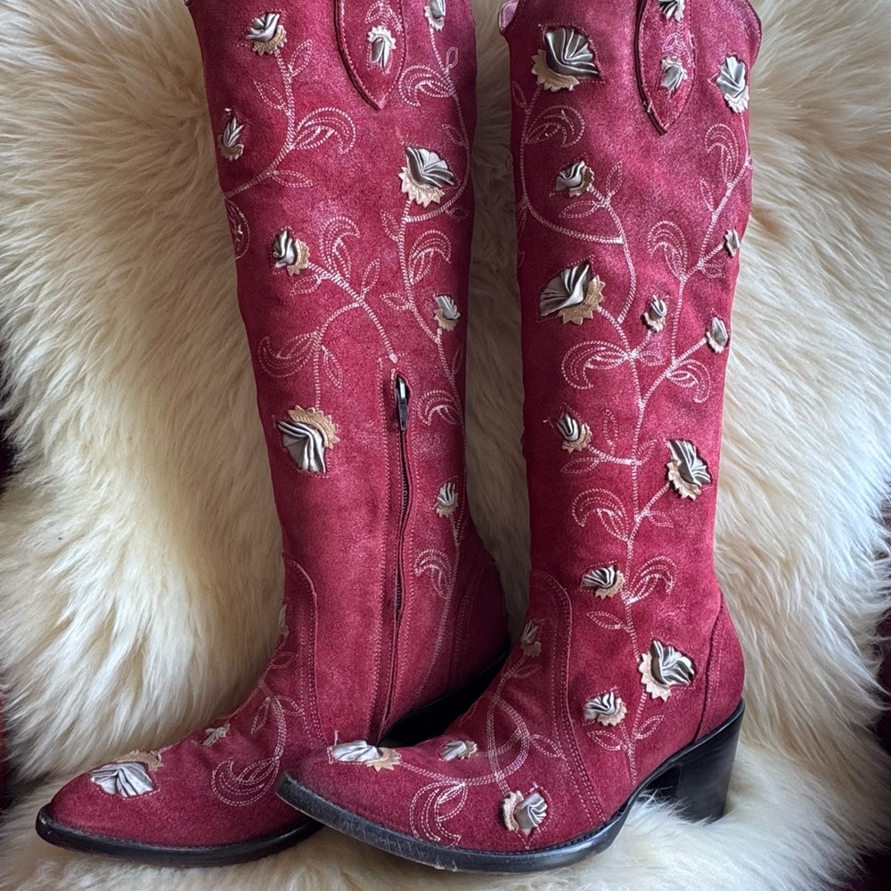 Old Gringo Floral Embroidered Red Suede Boots
